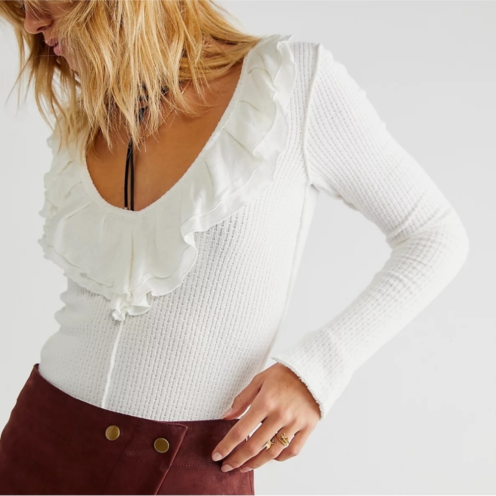 Free People White Waffle Knit Ruffled Long-Sleeve Thermal (Size XS)